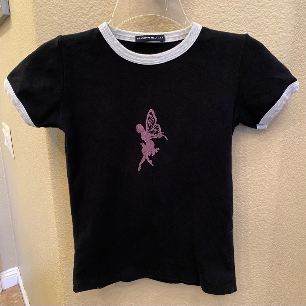 BRANDY MELVILLE Black Cute Shimmery Graphic T-Shirt-One Size